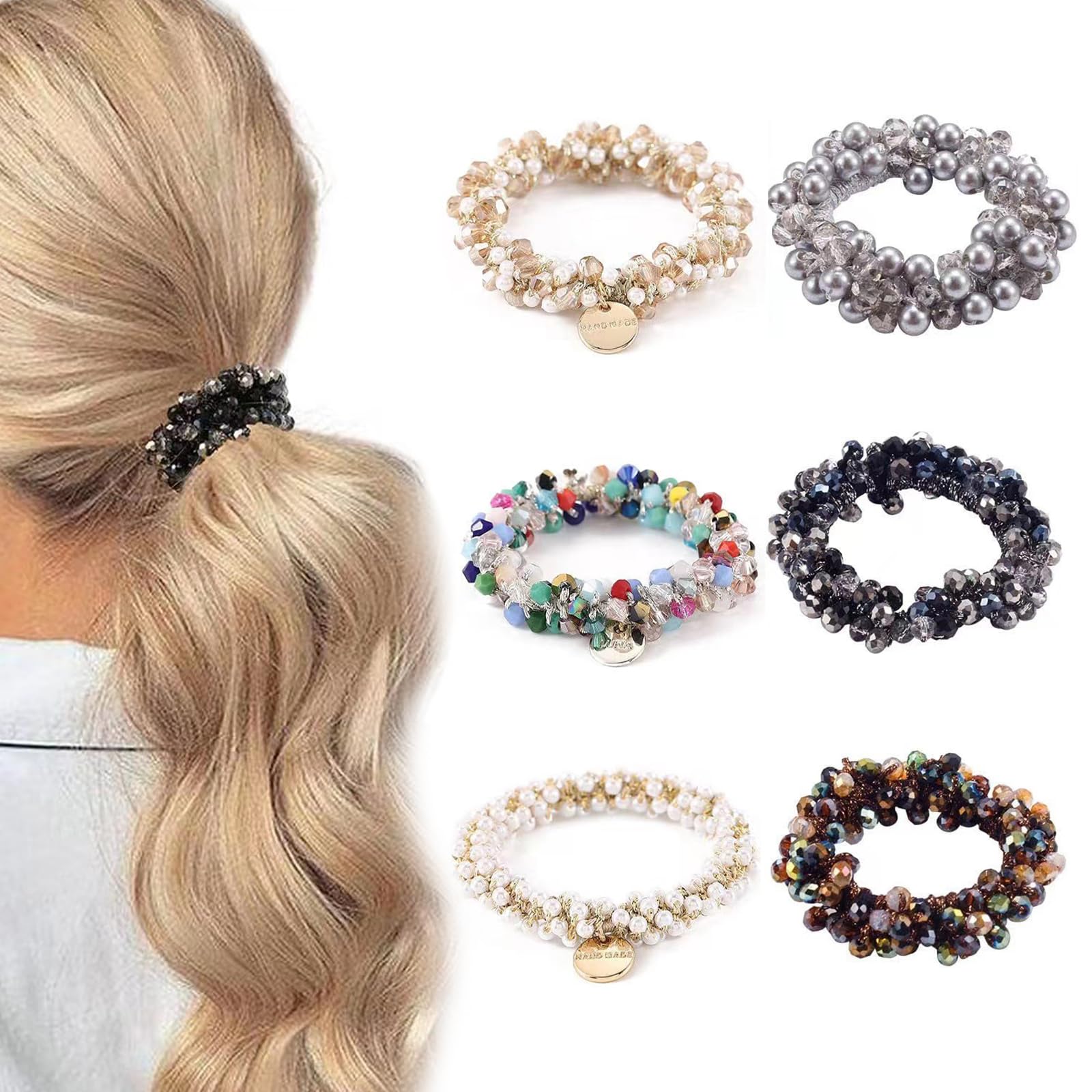 MUYAPAY Pack of 6 Hair Bobbles Crystal Hair Bobbles for Women, Hair Bobbles with Beads, Elastic Hair Bobbles for Women and Girls, Scrunchies Pearls Rhinestones, Ponytail Hair Accessories Hair