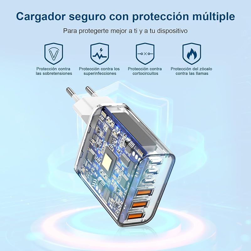 Cargador Carga Rapida USB C 65W 6 Puertos rapido, Múltiple 25W (MAX) Rápido Enchufe Adaptador, Tipo C Movil para iPhone 17 16 15 14 13 12 11 Plus Pro MAX X XS XR, para iPad, para Samsung Charge