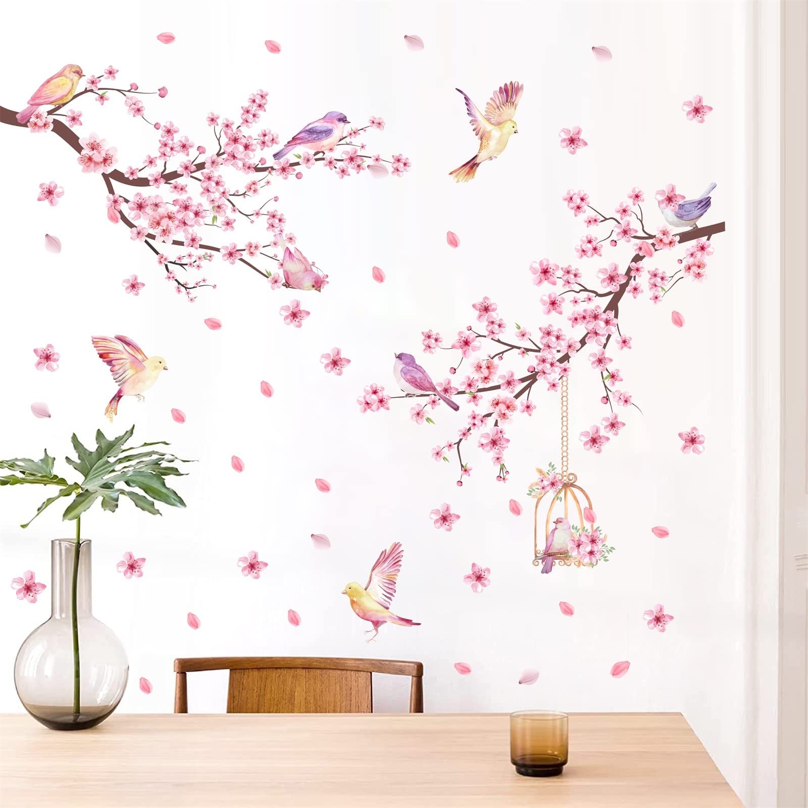 Cherry Blossom Wall Stickers Pink Flower Tree Branch Wall Decals for Girls Bedroom Living Room Spring Floral Birds Wall Art Mural Peel and Stick for Kitchen Nursery TV Background Wall Decoration — image 1