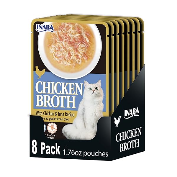 INABA CHICKEN BROTH, SIDE DISH/TOPPER FOR CATS WITH VITAMIN E, 1.76 OUNCE POUCH, 8 POUCHES TOTAL, CHICKEN AND TUNA RECIPE