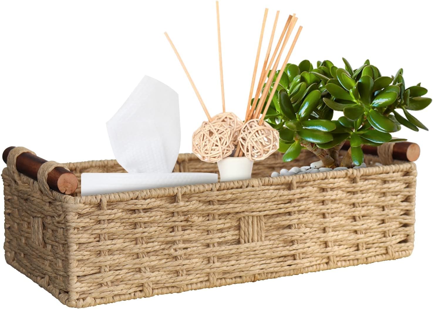 Photo 1 of Khaki Paper Rope Storage Basket with Wooden Handle – Handwoven Organizer Bin for Bathroom Countertop, Toilet Tank, Shelves, Toilet Paper & Cosmetics – Decorative Small Wicker Basket