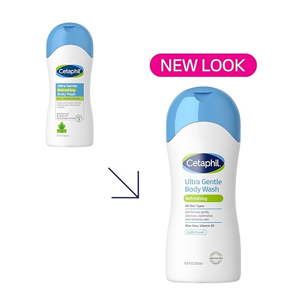 CETAPHIL ULTRA GENTLE REFRESHING BODY WASH, REFRESHING SCENT FOR DRY TO NORMAL, SENSITIVE SKIN, 16.9OZ PACK OF 3, WITH ALOE VERA, CALENDULA, VITAMIN B5, HYPOALLERGENIC, DERMATOLOGIST TESTED