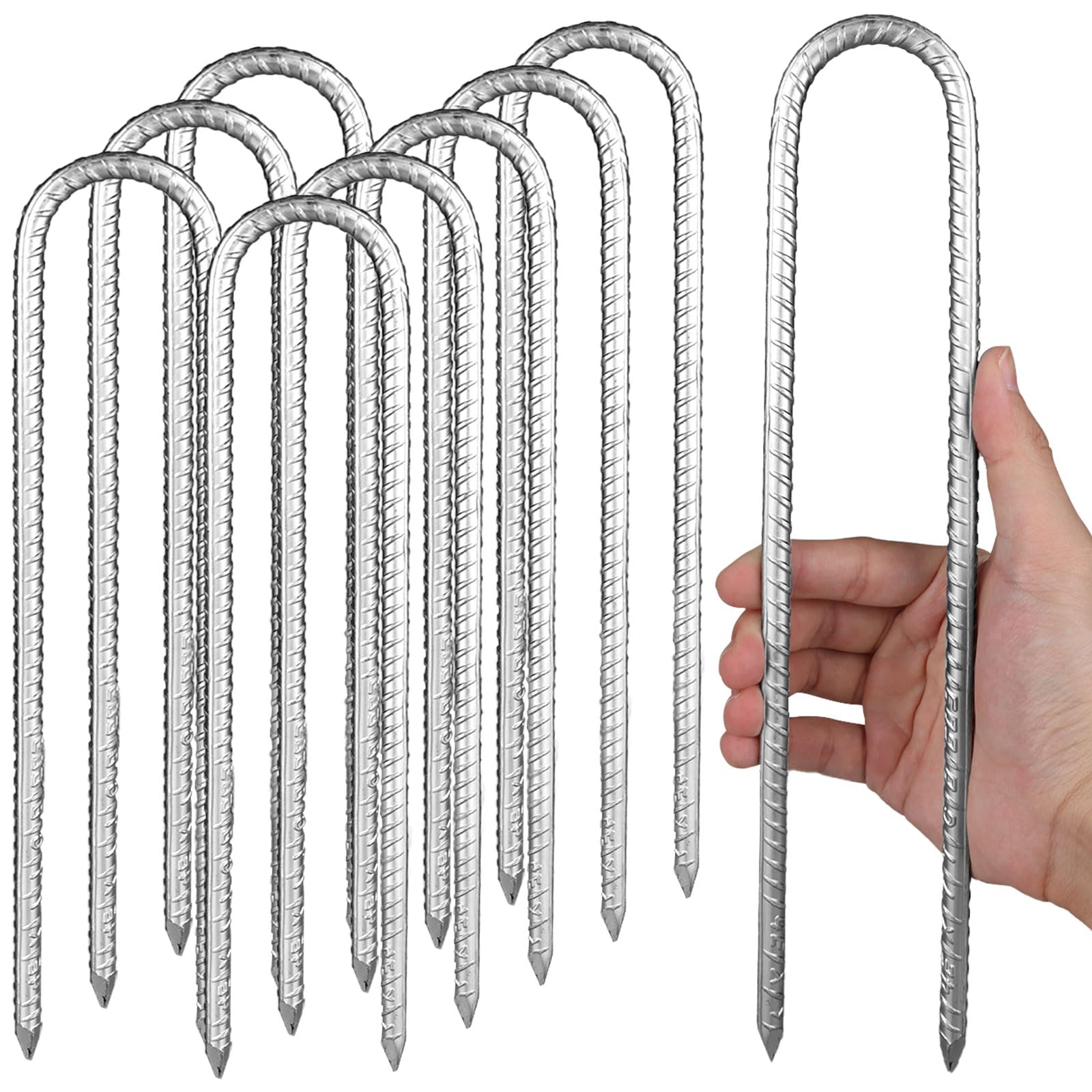 YAYODS 8PCS Rebar Stakes, 12Inch Heavy Duty Galvanized Tent Pegs, U Shaped Metal Garden Stakes Trampoline Pegs, Extra Long Ground Anchor for Camping Tents Trampoline Canopies Sheds Ports Swing Fence