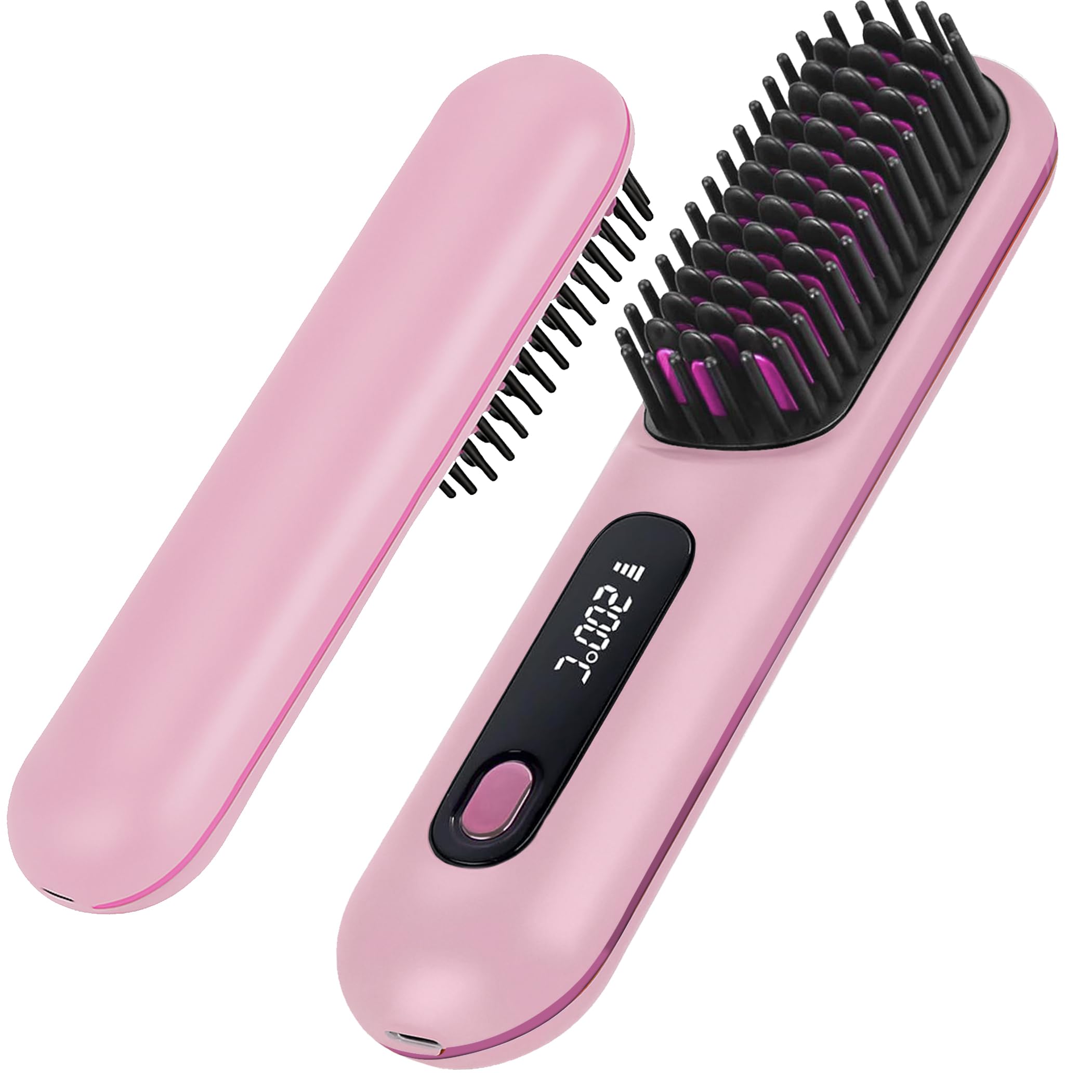 Photo 1 of Numoya Go Brush Pro - Cordless Hair Straightener Brush Portable Comb for Travel, USB Charging, Fast Heating, with LCD Display (Pink)