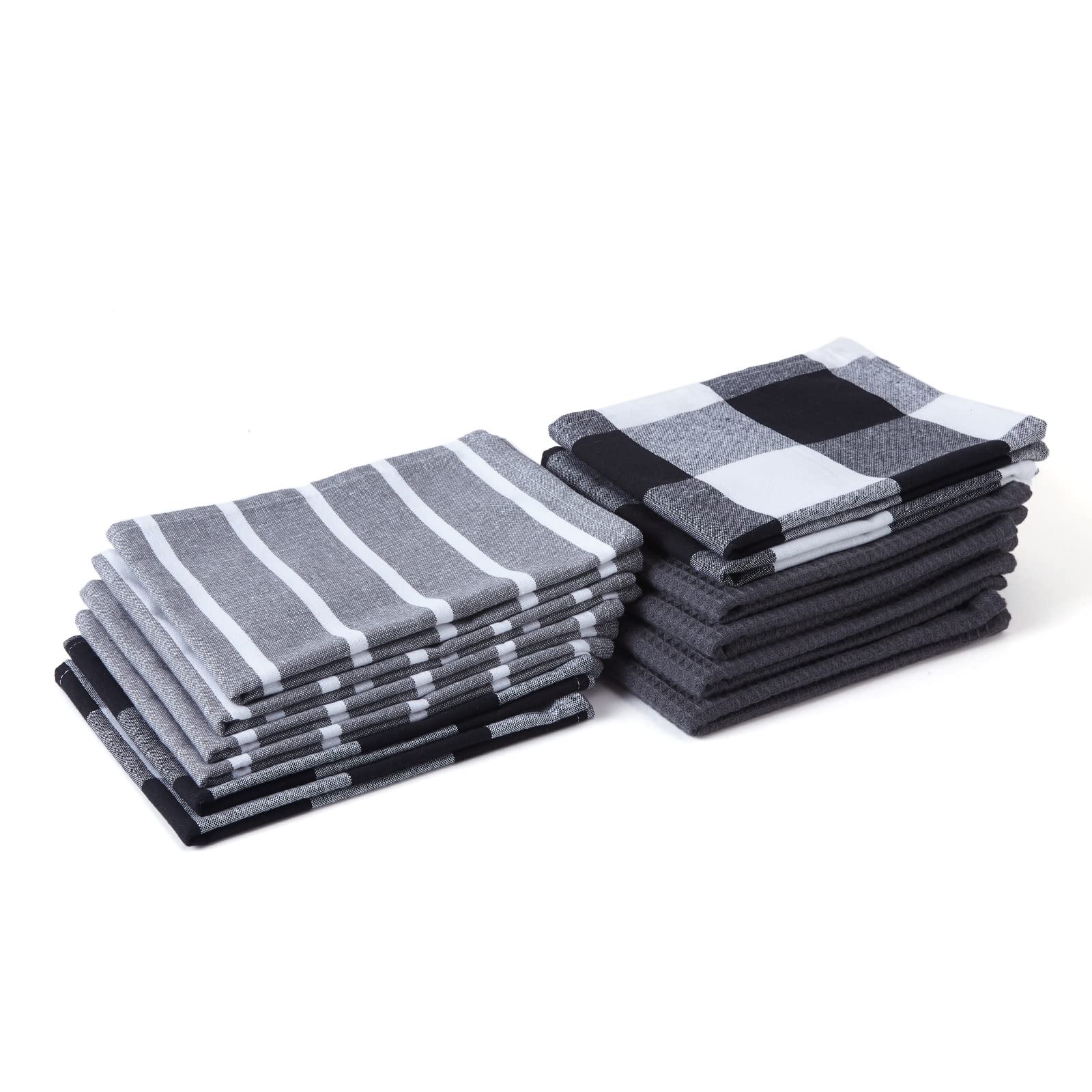 Encasa XO Kitchen Dish Towels Set | Grey | Waffle Weave and Flat Hand Tea Towel | 70x45 cm | Quick Drying Reusable Cotton Washcloths | Multipurpose Lightweight Dishcloths Set of 12