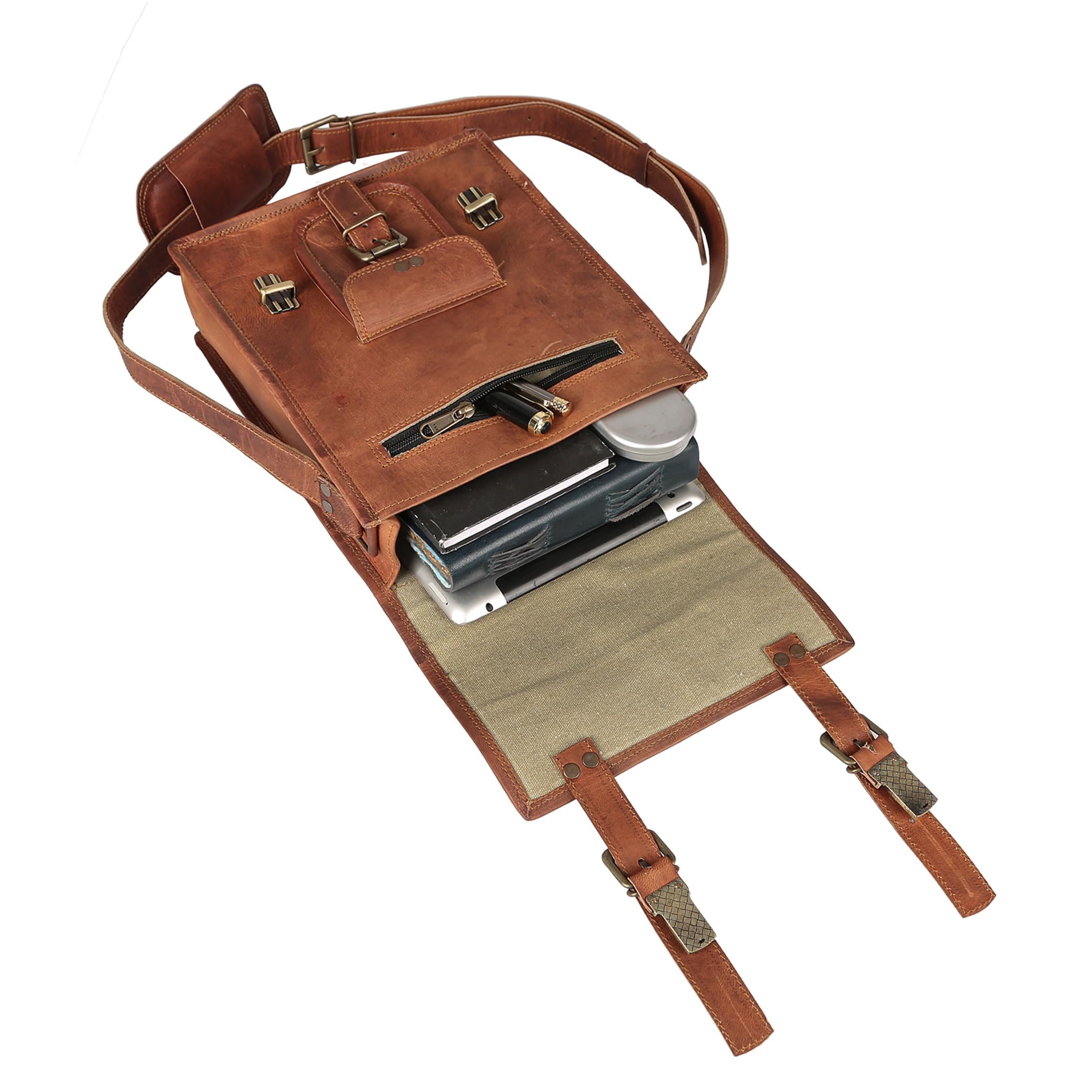 Leather crossbody bag messenger satchel tablet bag 11 inches for men and women (Brown)