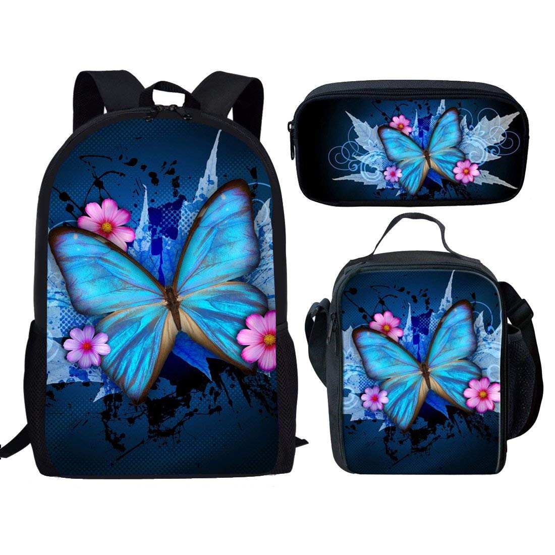 chaqlin Butterfly Backpack and Lunch Bag Set 3 in 1 School Bag Kids Children Shoulder Book Satchel Junior Student Daypack Bookbag Durable