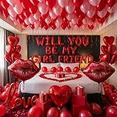 Red 'WILL YOU BE MY GIRLFRIEND' Confession Letter Balloons with red and pink balloons,Heart-Shape, lips, love Foil Balloons and Rose Petals for Romantic Special Night Decorations and Valentines Day