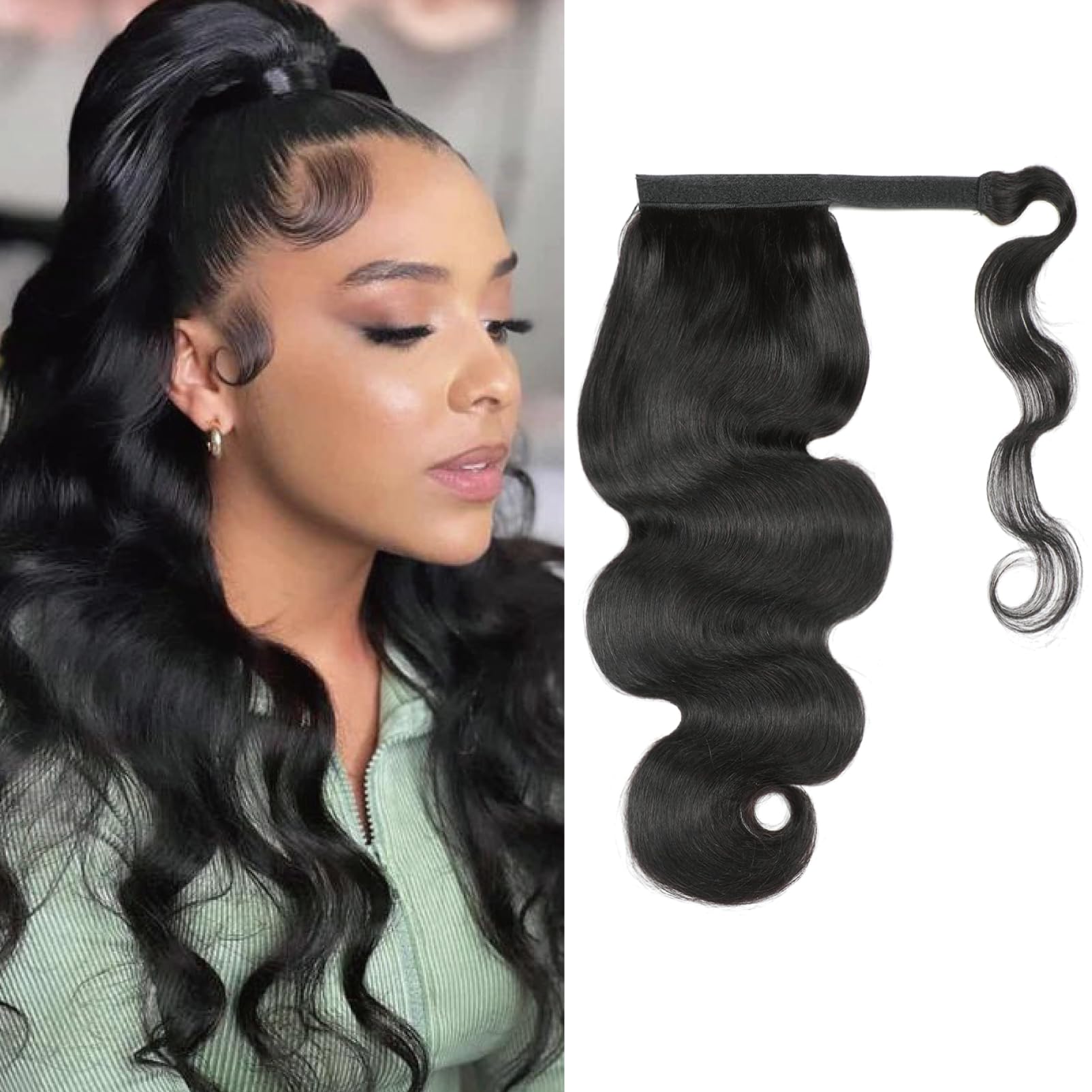 Yacurcur Body Wave Ponytail Extension Human Hair with Magic Paste Warp Around 10A Brazilian Virgin Human Hair Ponytail for Black Women Natural Black Color 22 Inch — image 1