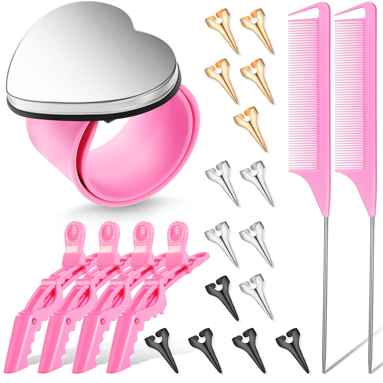 Photo 1 of 22 Pces Hair Braiding Tools with Magnetic Wrist Sewing Pincushion Pin Wristband Stainless Pintail Rat Tail Comb Sectioning Alligator Clips Stitch Braiding Finger Ring Tool Christmas Salon Home(Pink)