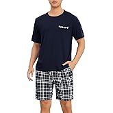 Vlazom Men's Pajama Sets Soft 2 Piece Pj's Set Short Sleeve Cotton Top and Plaid Pants for Loungewear Sleepwear with Pockets