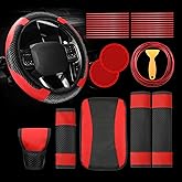 Riakrum 30 Pcs Car Accessories Set Red and Black PU Leather Steering Wheel Cover Auto Interior Accessories Gift Car Vent Trim Strips Air Conditioner Insert Strips with Installation Tool
