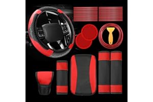 Riakrum 30 Pcs Car Accessories Set Red and Black PU Leather Steering Wheel Cover Auto Interior Accessories Gift Car Vent Trim Strips Air Conditioner Insert Strips with Installation Tool