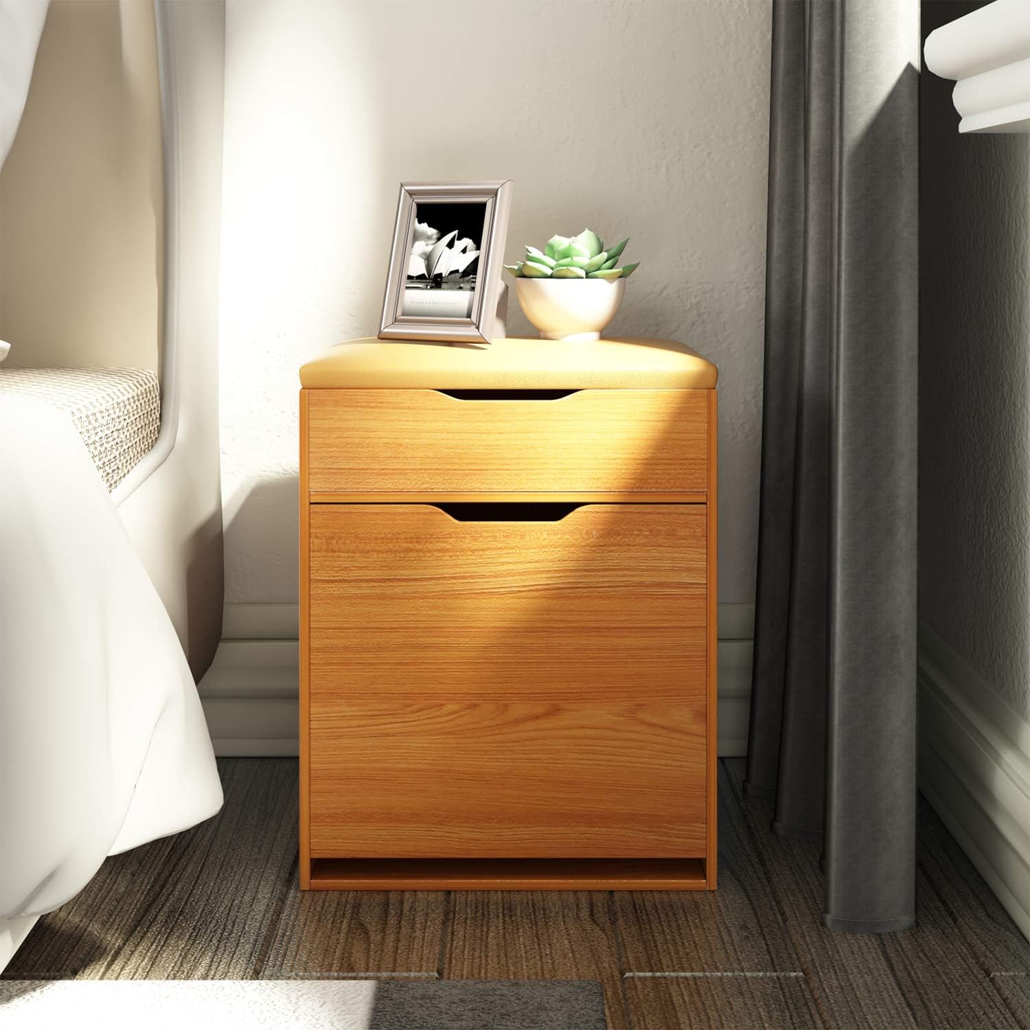 jeffordoutlet Bedside Table, Three Tier Storage Space Sack Cabinet, Wood Storage Side Table Shoe Cabinet for Bedroom Living room
