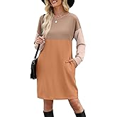 WIHOLL Fall Dresses for Women 2025 Casual Long Sleeve Flowy Mini Dresses with Pockets Elegant Cute Tshirt Dress Business Casual Outfits Color Block Yellow S