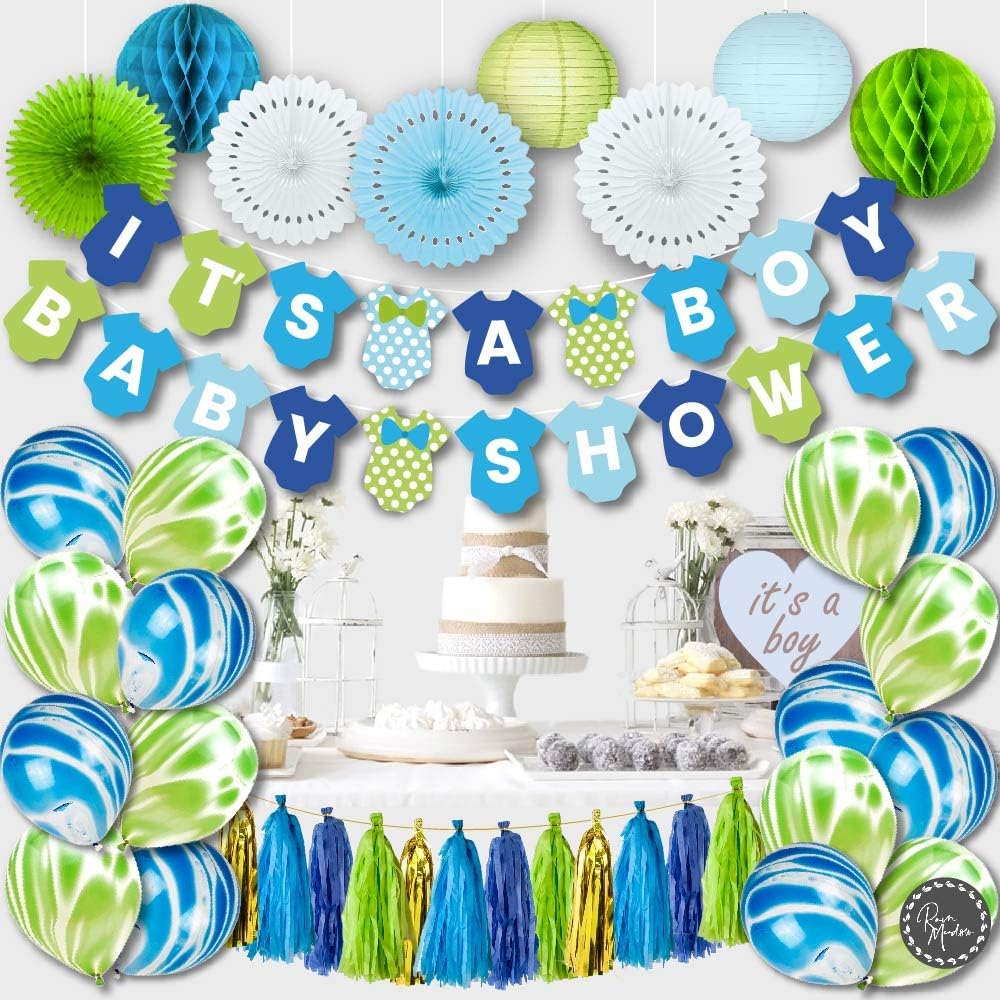 Baby Shower Decorations for Boy Kit | Boy Baby Shower Decorations Set | IT'S A BOY Banner, Hanging Paper Decorations Tassels, Balloons | Blue Gold Green White | Monster Inc Party | Safari Jungle