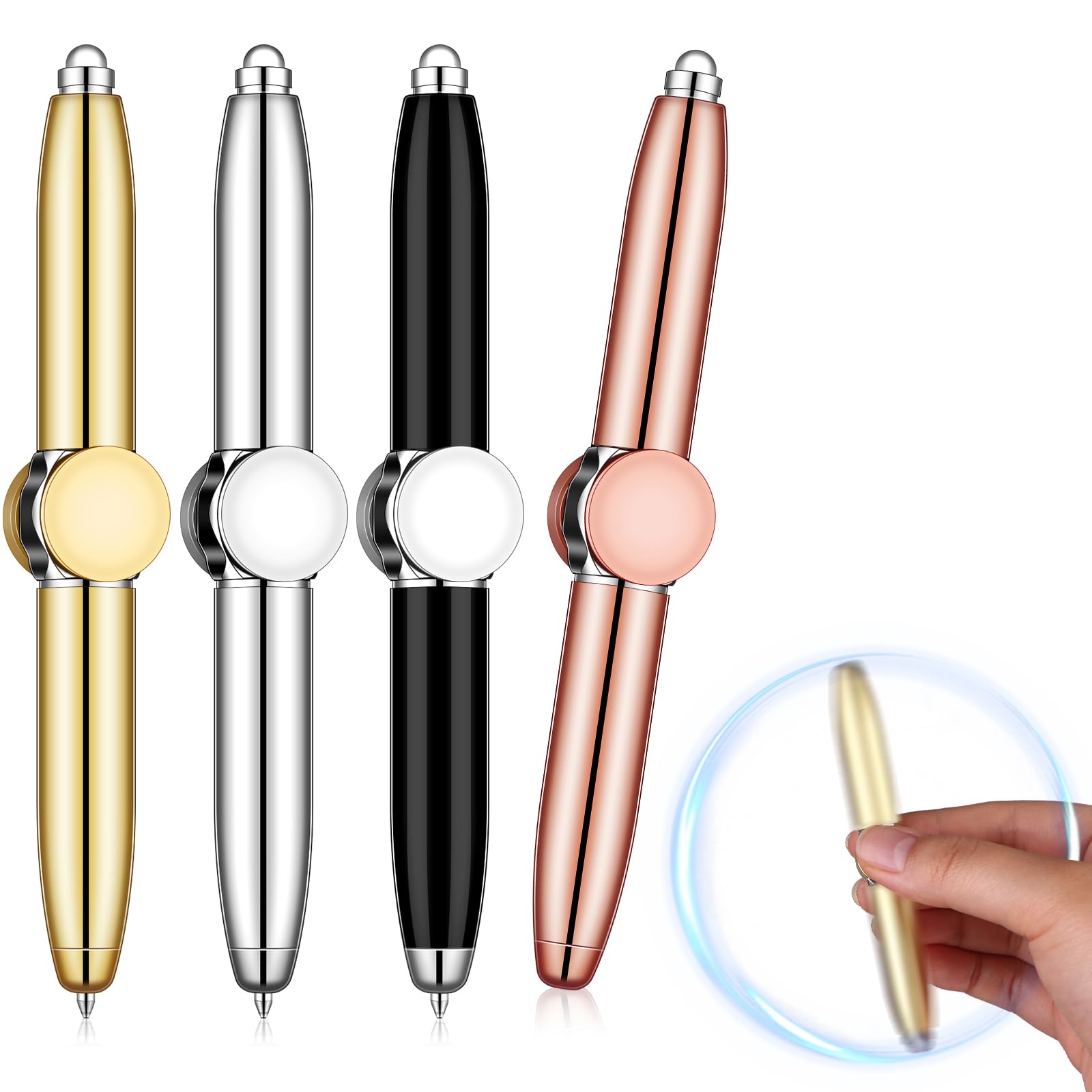 4 Pcs Fidget Spinner Pen with LED Light Multi Functional Spinning Pen Stress Reducer Pens for Spinning Help Thinking Ballpoint Pens Rotating Anti Stress Anxiety Gift for Class School Business Student