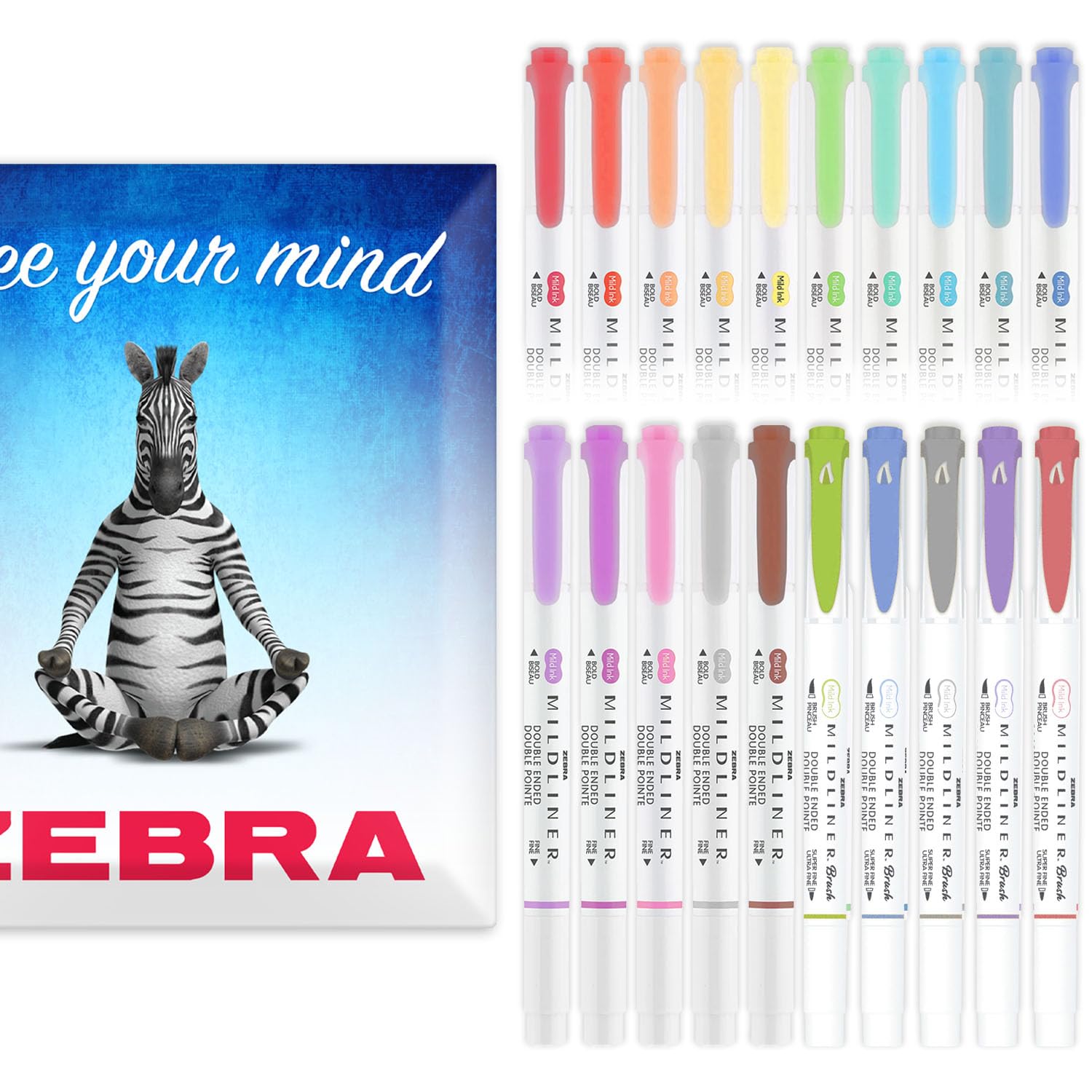 Zebra Pen Mildliner Dual Tip Highlighter Pens - Broad & Fine Tip Double Ended Markers - Pack of Colours in Envelope Gift Packaging - Acid-Free & Non Toxic Ink (Cool & Refined 20 Pack)