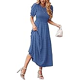 dowerme Womens Summer Dresses 2026 Casual Puff Short Sleeve Crewneck Smocked Flowy Ruffle Boho Beach Party Maxi Sundress(Grey Blue,Small,New)