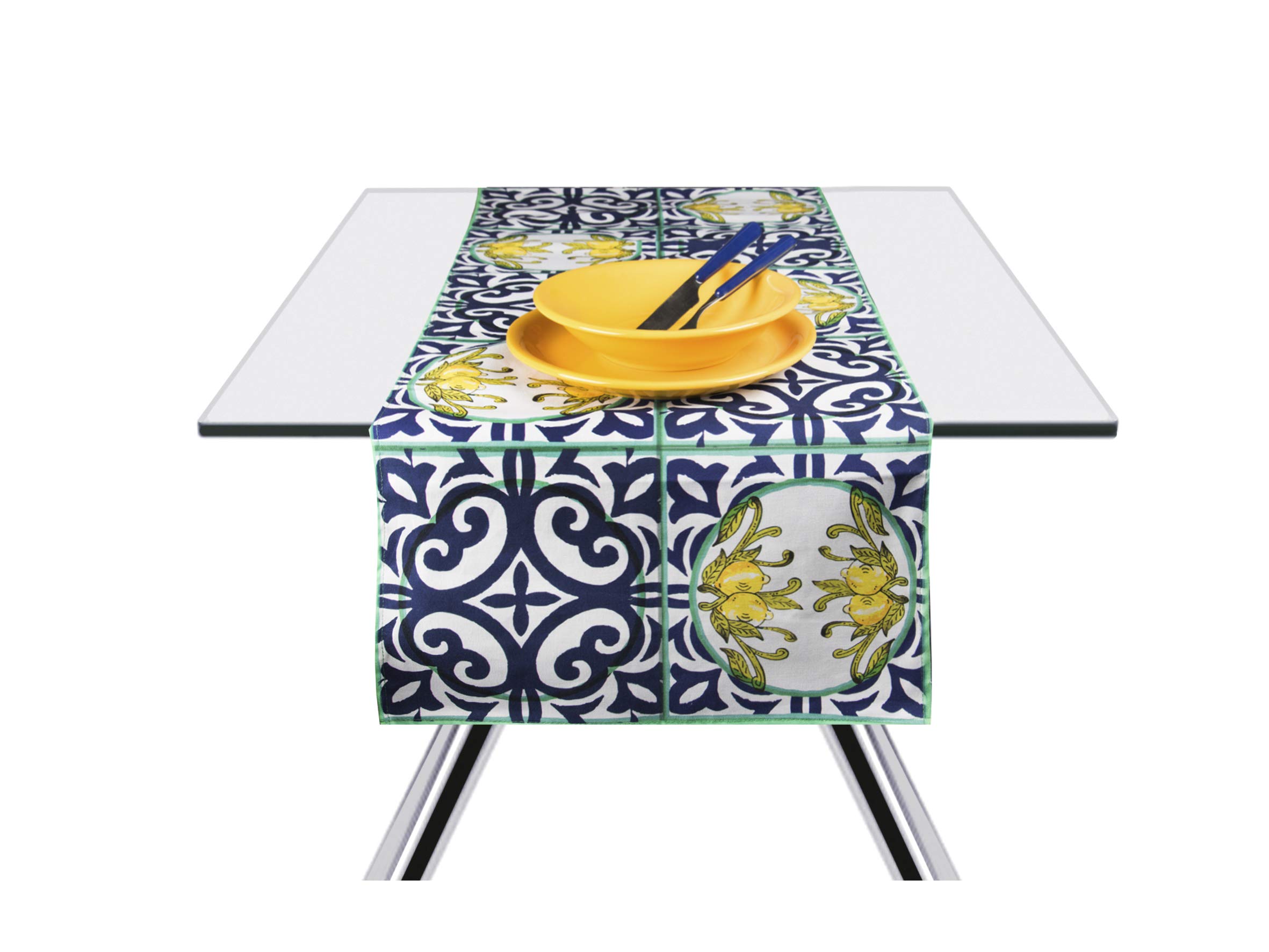 Excelsa Amalfi Table Runner, 100% Cotton, Yellow and Blue, 45 x 140 cm