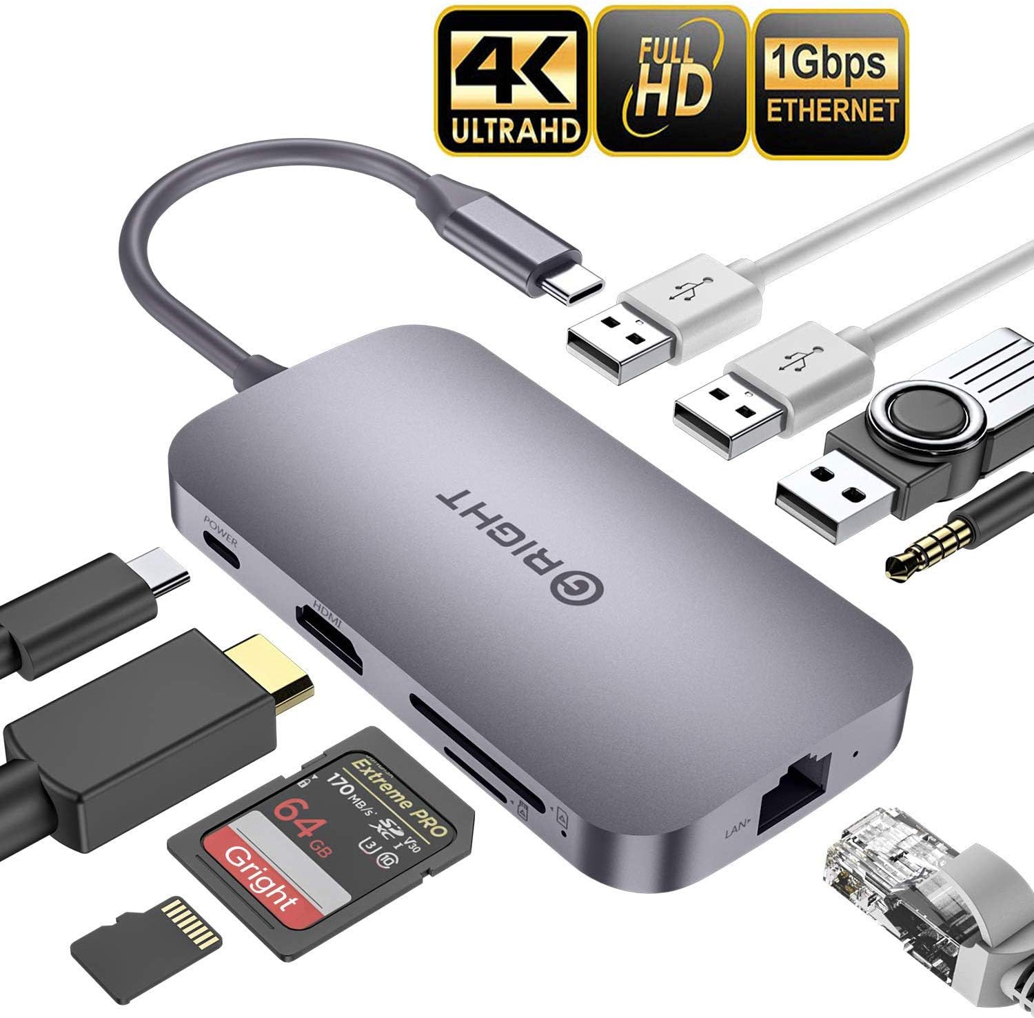 USB C Hub,?Good Texture Sturdy? Gright 9-in-1 Type C Hub with Ethernet Port,4K USB C to HDMI,2 USB3.0,SD/TF Card Reader,Audio/Mic, USB-C Pd 3.0, Compatible for Mac Pro and Other Type C Laptops (Gray)