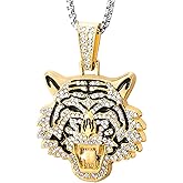 COOLSTEELANDBEYOND Men Gold-Tone Tiger Head Pendant Necklace with Rhinestones and Enamel Detail Statement Hip Hop Chain