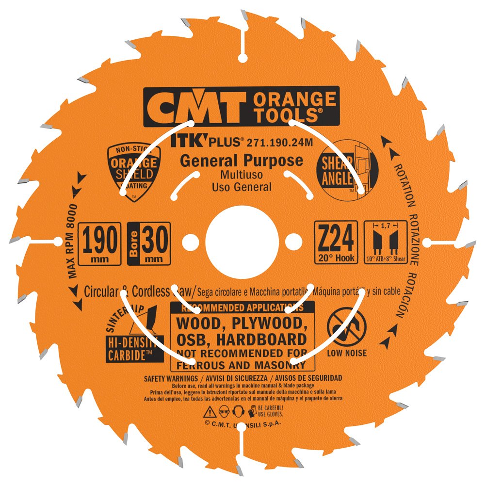 CMT 271.190.24M ITK Plus RIP and Crosscut Saw Blade HW 190X1.7X30(+20+16) Z=24 ATB+Shear