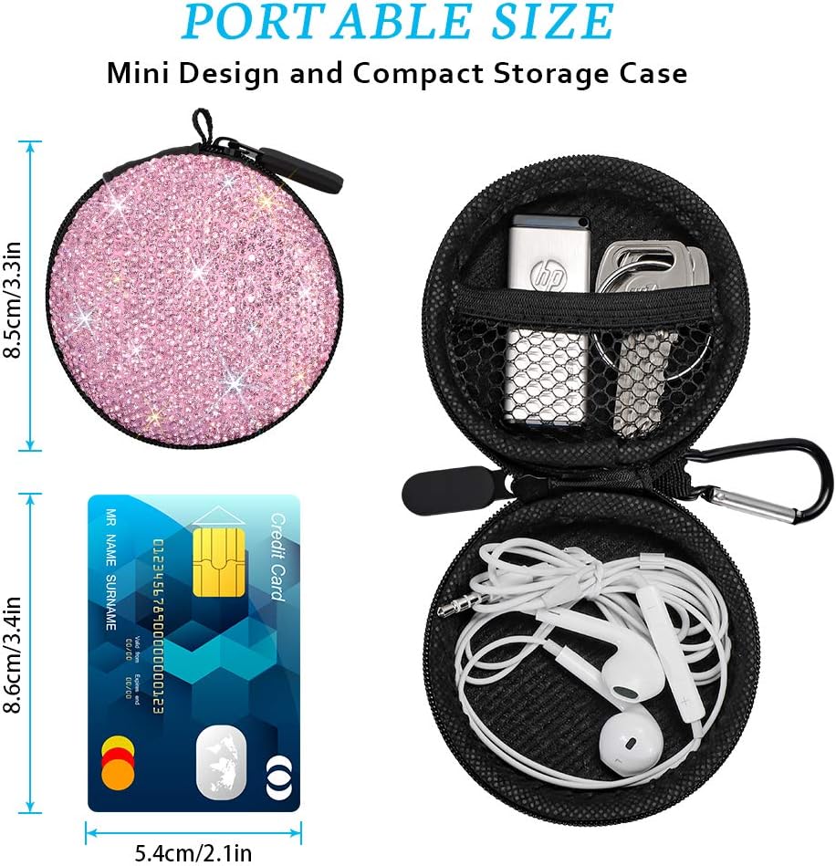 SAVORI Carrying Headphone Case Bag Small Earbud Case Bling Rhinestone Crystal Mini Portable Earphone Storage Bag Pouch for Earset & Mini Items with Carabiner (Pink) - Image 4