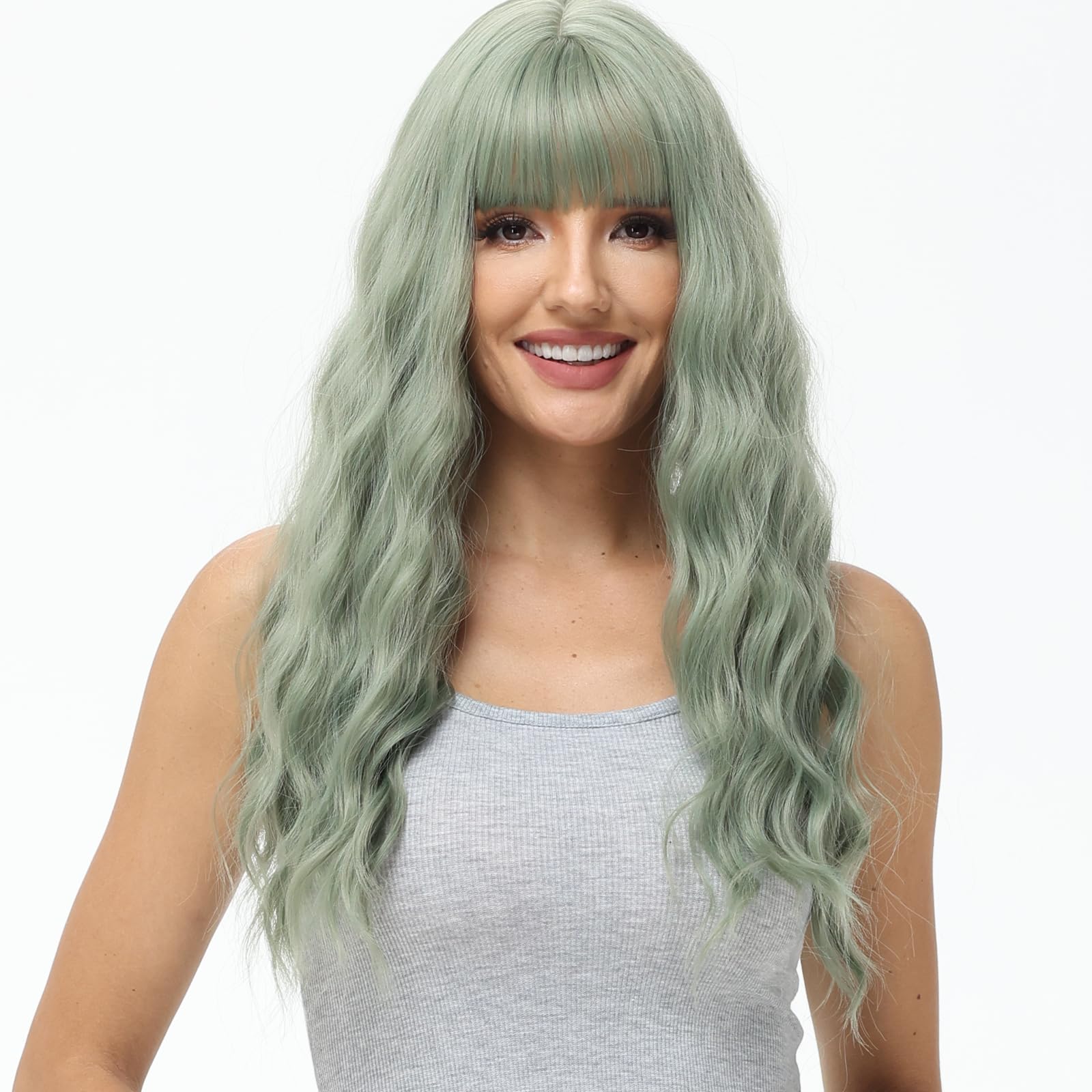 BUYOGET Long Curly Wavy Haze Green Wig with Fringe Adjustable 24 Inch Synthetic Cosplay Daily Hair Wigs for Women