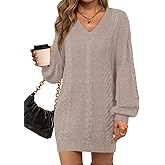 Saodimallsu Womens Oversized Mini Sweater Dress Casual V Neck Cable Knit Long Lantern Sleeve Fall Tunic Pullover Sweaters