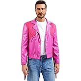 Halloween Cosplay Western Cowboy Jacket - Men’s Faux Leather Fringe Costume, Pink Cowboy Fringe Jacket for Themed Parties
