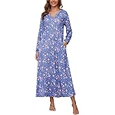Marvmys Womens Long Sleeve Nightgown Soft Cotton Long Pajama Dress with Pockets Purple Floral S