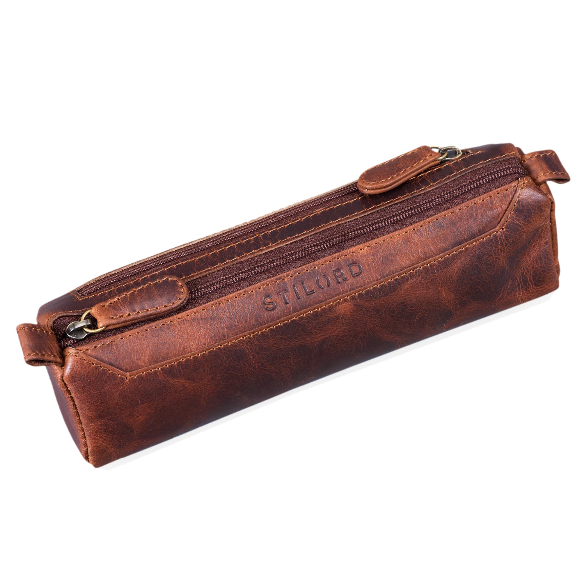 "Jim" Leather Pencil Case Vintage | Large 2-Compartment Round Pen Holder for Men and Women | Genuine Leather Pouch Stationary Organizer Colour:Kara - Cognac