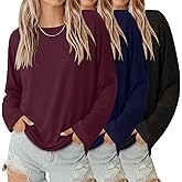 Velvelhall 3 Pack Women's Oversized Y2K T-Shirts Crew Neck Long Sleeve Tops Loose Basic Tees Casual Workout Tees 2026