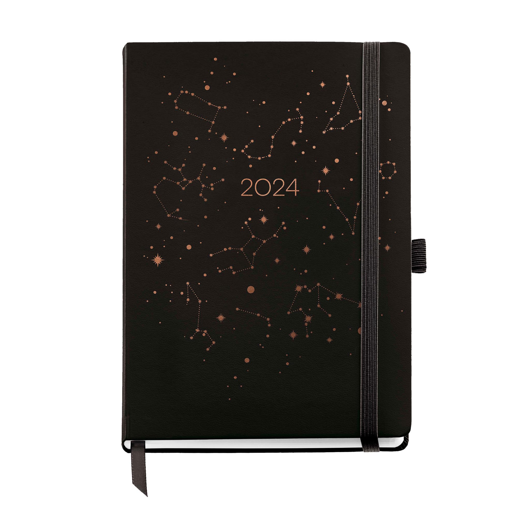 Miquelrius - Annual Diary 2024, Day Page, Journal Size 122 x 168 mm, Hard Cover, Sewn, Elastic Closure, Spanish, English and Portuguese, Constellation with Copper Stamping