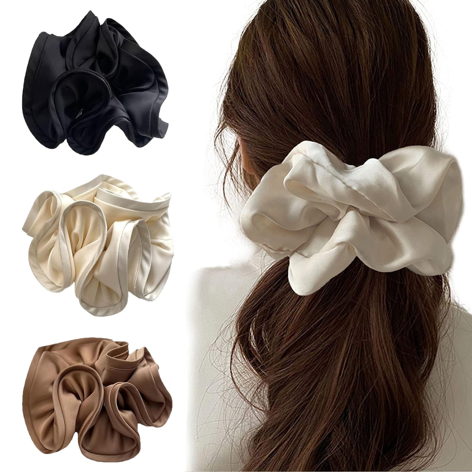 3 Pcs Oversized Elastic Scrunchies for Women - Extra Big Scrunchy Ponytail Holders (Brown, White, Black)
