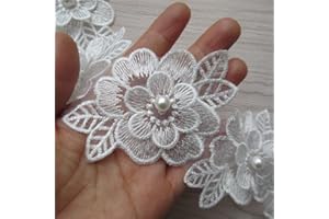 SHBBON 2 Yards 3D Flower Lace Trim Pearl Embroidered Polyester Lace Ribbon Fabric Applique Patchwork for Wedding Dress Handmade DIY Sewing Craft Supplies Decoration (White)