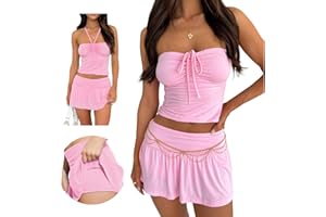 Hafailia Summer Two Piece Outfits for Women Y2K Going Out Tie Ruched Tube Crop Tops Low Rise Pleated Mini Skort Skirt Sets