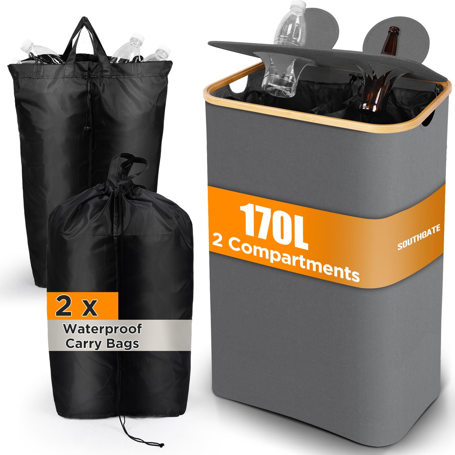 SOUTHGATE 170L Recycling Bins for Kitchen with 2 Compartments, Extra Large Deposit Bottle Bins with Lid, Indoor Home Bottle Storage with 2 Reusable Recycling Bags, Grey
