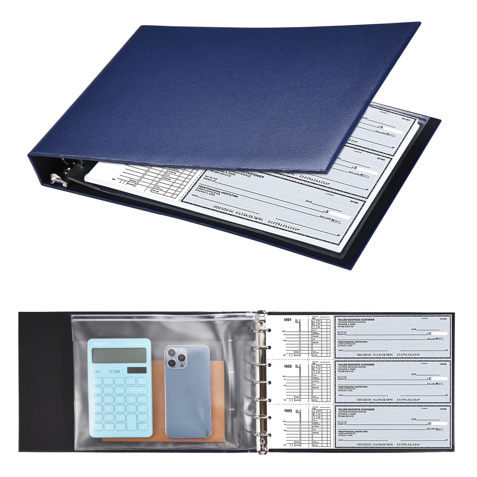 Photo 1 of Pacific Mailer 7 Ring Check Binder, 3-On-A-Page Business Checkbook Holder, 500 Checks Capacity, with 2024-2030 Calendar Organizer, Sleek Business Design (Dark Blue)