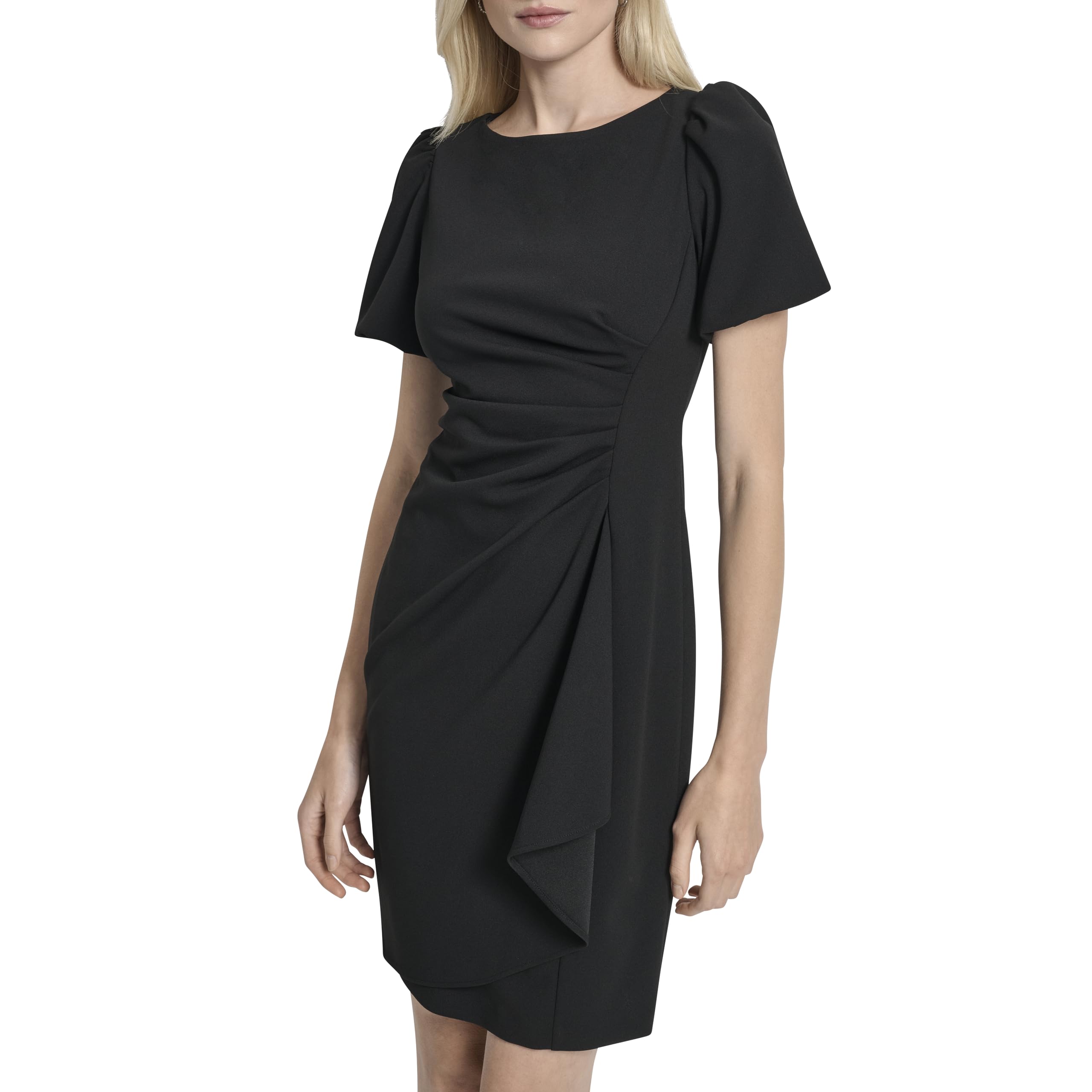 DKNY Women’s Short Sleeve Boat Neck Side Ruched Dress, Black, 16
