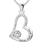 ALOV Jewelry Sterling Silver "love you mom" Love Heart Cubic Zirconia Mother Pendant Necklace