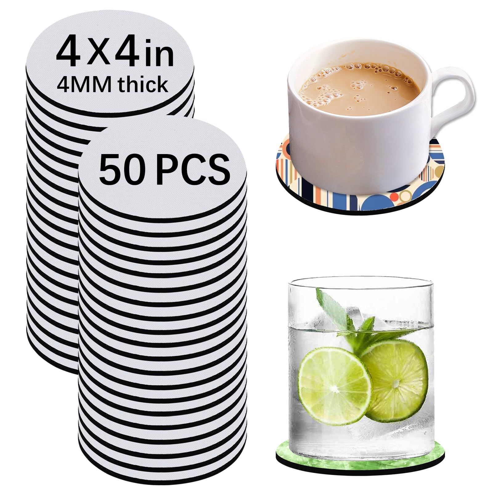 Photo 1 of 50 PCS Sublimation Blank Cup Coasters Bulk, 4x4 Inch Round Blank Cup Mat Rubber for Sublimation Transfer Heat Press Printing DIY Crafts