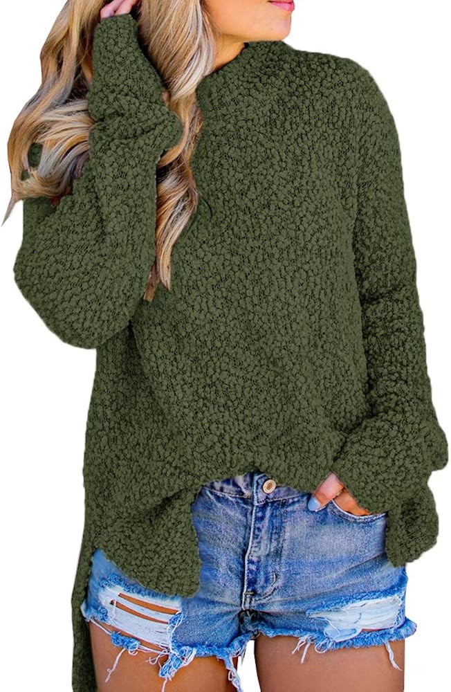 Imily Bela Womens Fuzzy Knitted Sweater Sherpa Fleece Side Slit Full Sleeve Jumper Outwears