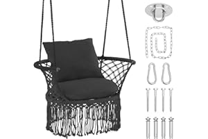 Athena Collection Hammock Swing Chair with Cushion, Outdoor Macrame Chair with Mounting Hardware, Max 350 Lbs, Large Cotton Rope Hanging Chair for Outdoor Indoor Porch Garden, Black