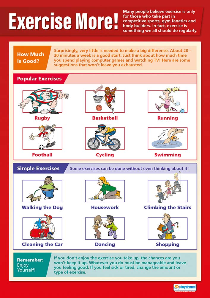Exercise More | PE Posters | Gloss Paper measuring 850mm x 594mm (A1) | Physical Education Charts for the Classroom | Education Charts by Daydream Education