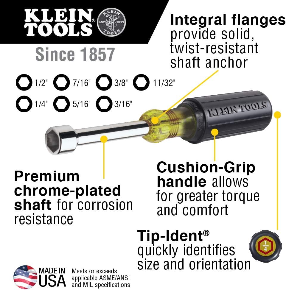Klein Tools 647 Hollow Shaft Nut Driver Set with Chrome-Plated 6-Inch Shafts and Cushion Grip Handles - - 
