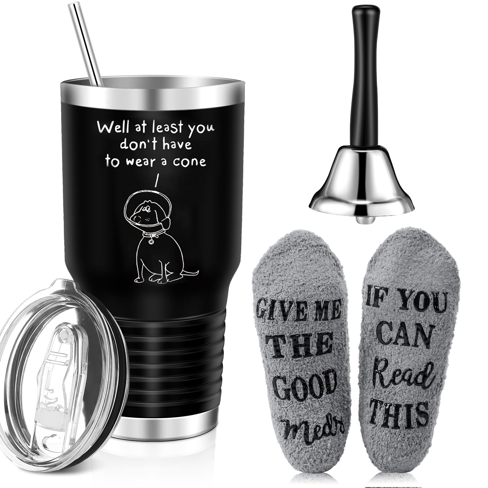 Photo 1 of Sieral Funny Get Well Soon Gifts for Women, Men 30 oz Hospital Tumbler Nurse Hand Call Bell Surgery Recovery Gifts for Chemo Patients, Comes with Socks