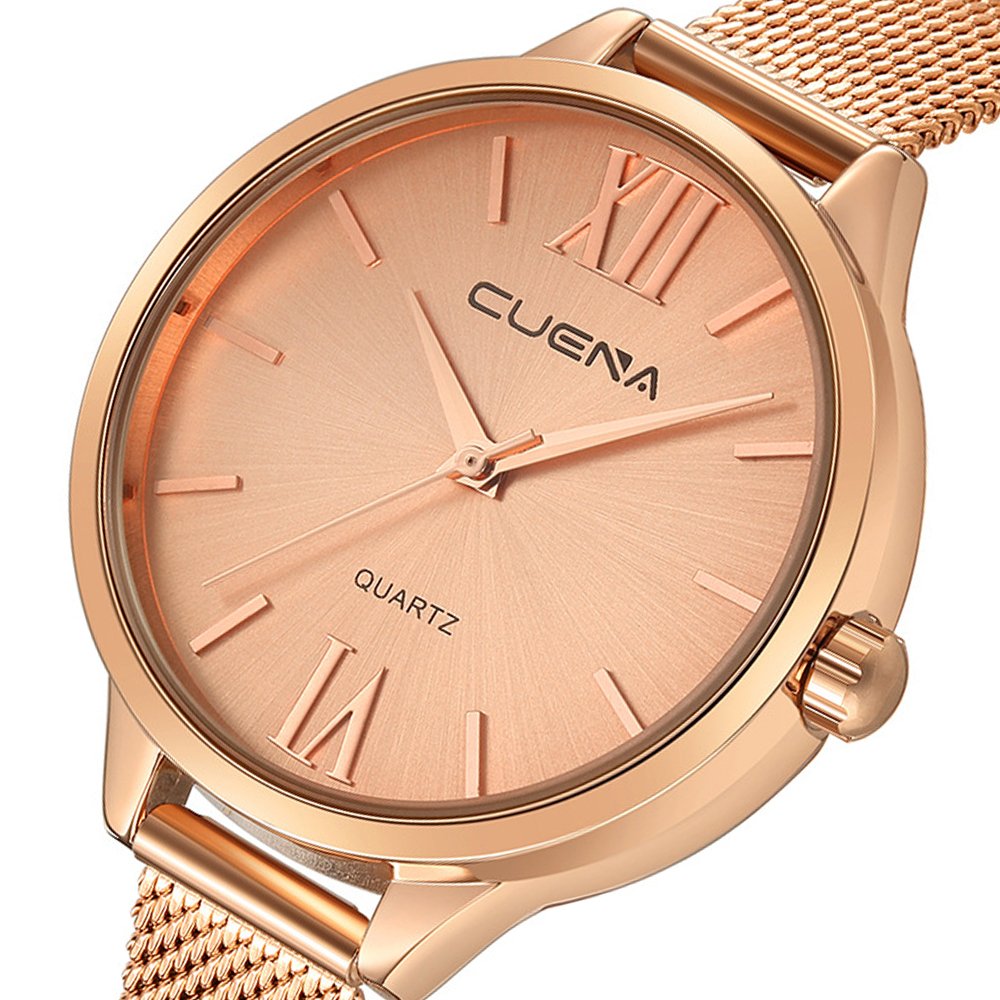 CUENA Women Classic Quartz Watch, Roman Numeral Business Casual Wrist Watch Waterproof 30M, with 33mm Dial Face Three-hand Movement Slim Mesh Band (Rose Gold)