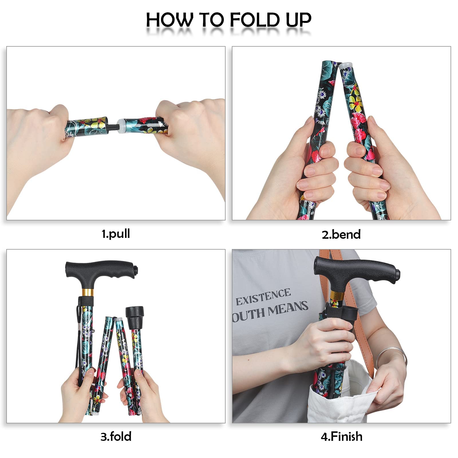 JUNRA Walking Cane with LED Light, Folding Cane for Women and Men, Portable Foldable Cane, Collapsible Aluminium Walking Stick, Lightweight and Adjustable Walking Sticks for Seniors Balance